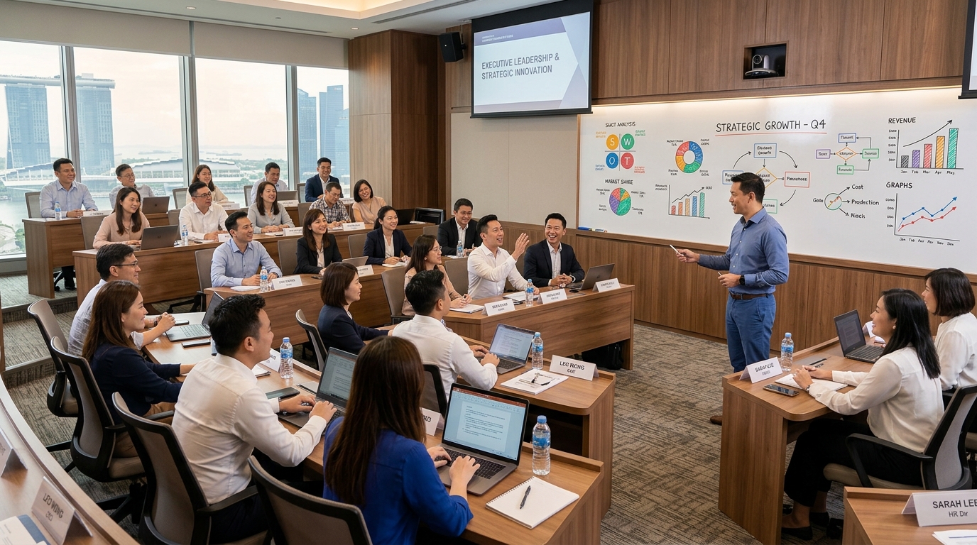 Executive seminar suite with modular conference desks for business management lectures