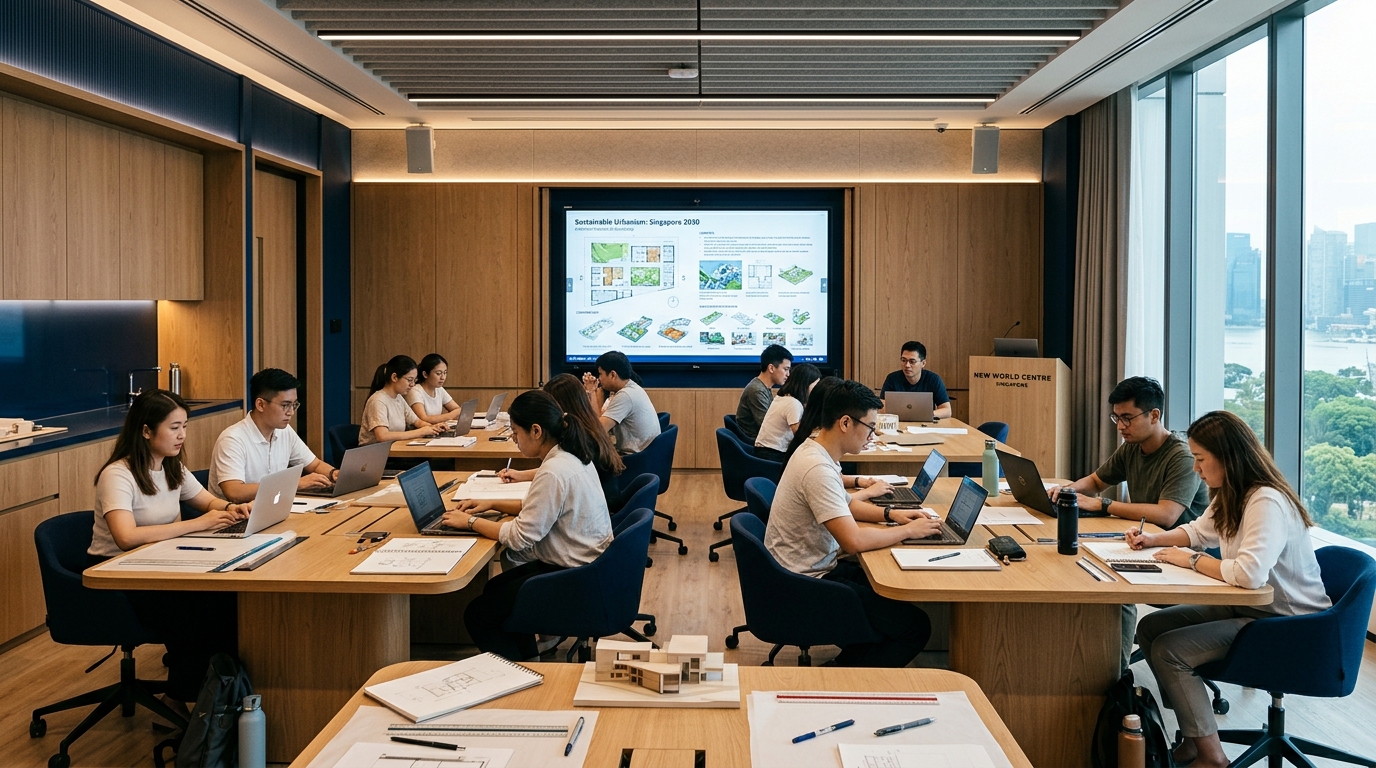 Air-conditioned lecture classroom with examination writing desks and presentation screens at EIC New World Centre