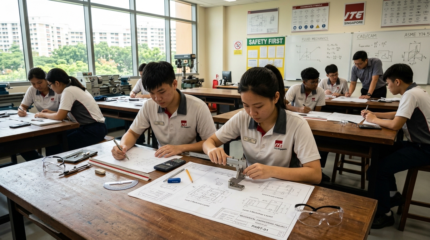 Engineering student drafting workbench equipped with structural blueprints and technical calipers in Singapore