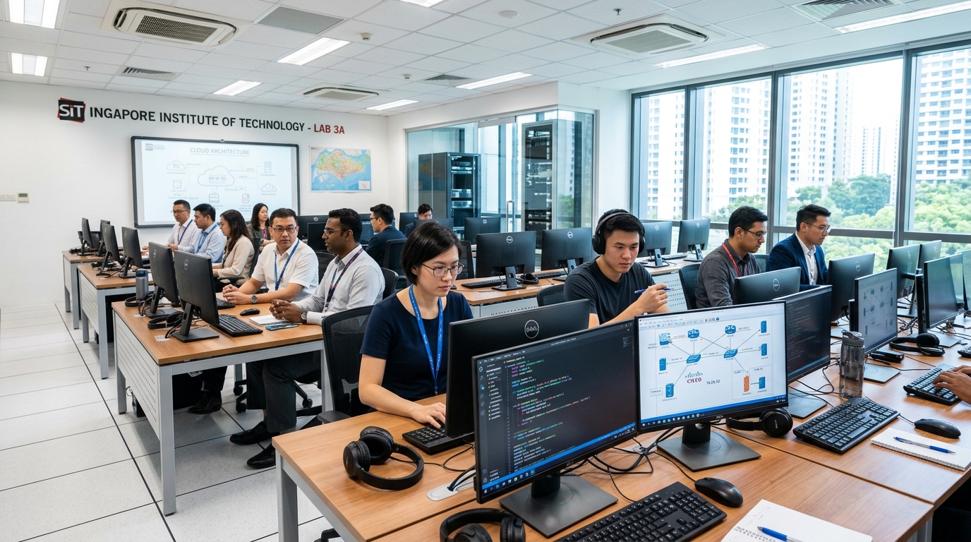 IT computer lab with dual-monitor developer terminals and high-speed network testing environment